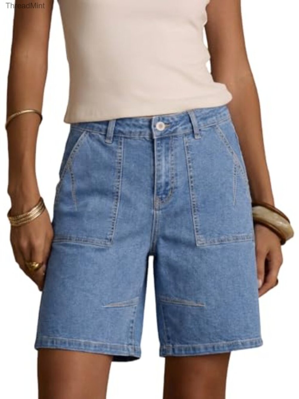 High Waisted Pleated Bermuda Jean Shorts for Women Stretchy Casual Denim Summer